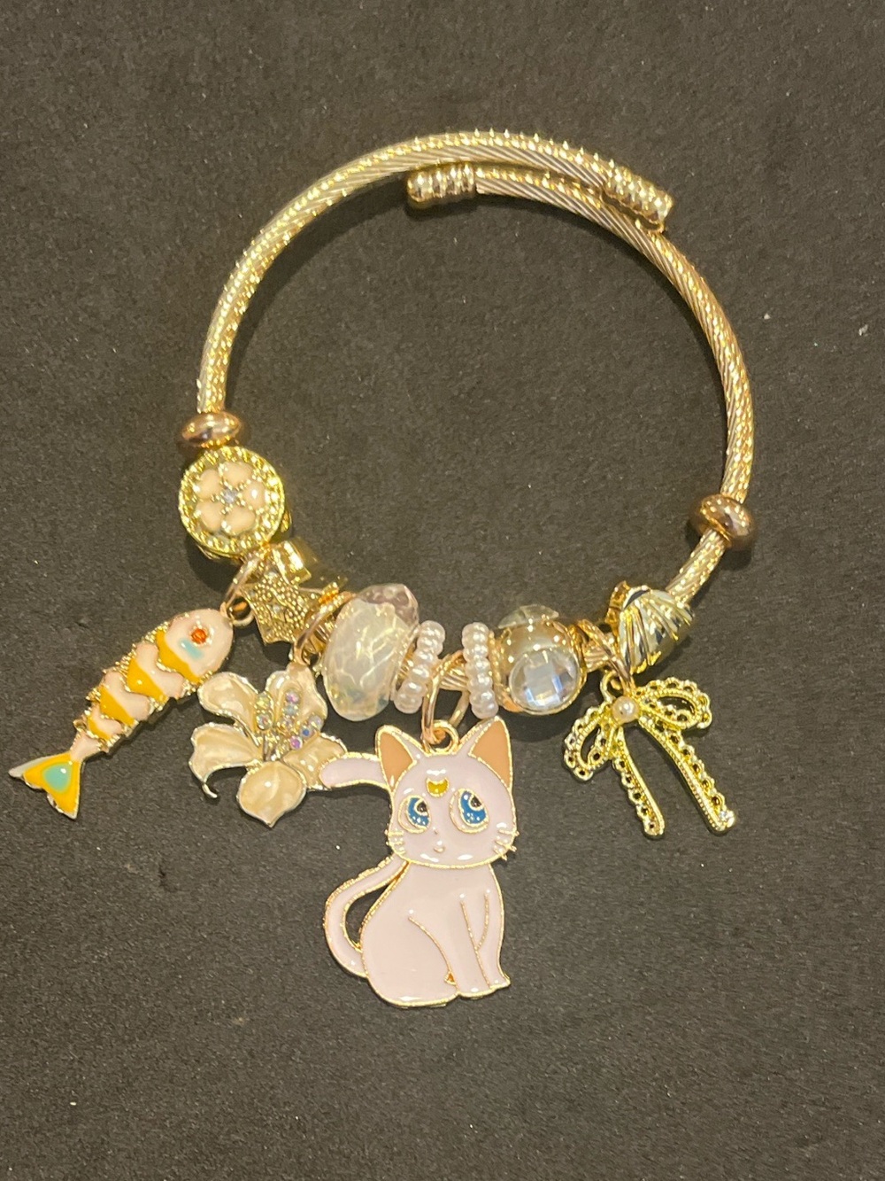 Gold-Tone Cat Charm Bracelet with Pink Enamel Cat and Crystal Accents